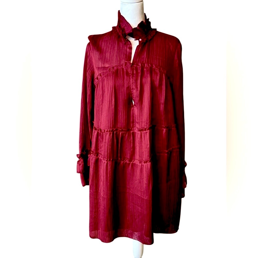 IRO Red Mandarin Collar Tiered Dress